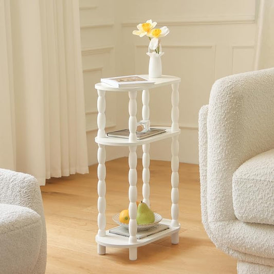 MaxSmeo Narrow Side Table, Small End Table with 3-Tier Open Shelf, Slim Bedside Table Nightstand for Small Spaces, Bedroom, Living Room (White)