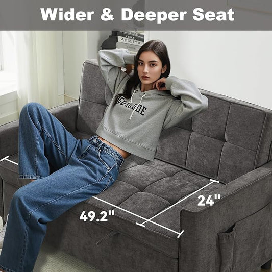 Tbfit 57" Convertible Sofa Bed, Chenille Futon Sleeper Sofa Couch with Pullout Bed, USB & Adjustable Backrest, Full Size Pull Out Loveseat Couches for Living Room, Apartment, Office, Dorm, Dark Grey