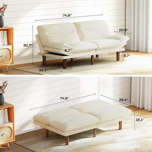 Marsail 75" Futon Sofa Bed, Convertible Corduroy Futon Couch with Adjustable Backrest & Armrests, Small Sleeper Sofa Loveseat for Living Room, Apartment, White