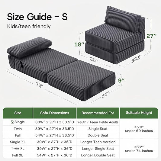 4-in-1 Folding Sofa Bed Convertible Boneless Sleeper Chair Couch Foldable Lounger & Mattress Pocket Coil & Foam Fill Medium Support, Portable No Assembly for Living Room/Bedroom, Single