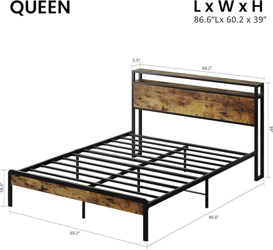 LIKIMIO Queen Size Bed Frame, Platform Bed with 2-Tier Storage Headboard | Metal Bed Frame, Solid and Stable, Noise Free, No Box Spring Needed, Easy Assembly, Durable, Industrial Brown