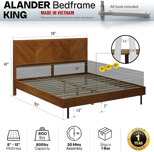 Acacia Alander King Bed Frame and Headboard Solid Wood Platform Bed, Scandinavian Signature Wood Bed Compatible with All Mattress Types, Bed Frame King Bedroom Furniture, Wood Slats Support, Walnut
