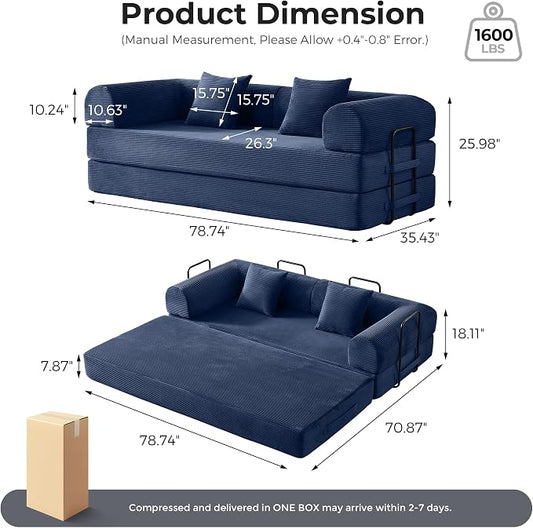 79" 5-in-1 Convertible Sofa Bed No Assembly, Boneless Couch Bed with High Density Foam, Foldable Sleeper Sofa, Corduroy Modular Couch for Apartment, Studio, Dorm Room, Small Space, Navy Blue