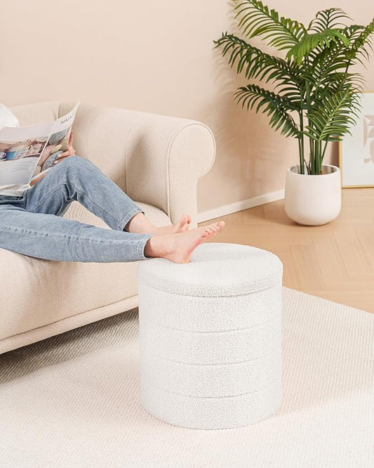 B FSOBEIIALEO Ottoman with Stroage, Round Sherpa Storage Ottoman Stool, Boucle Foot Rest 14.6"x14.6"x17.7"(White