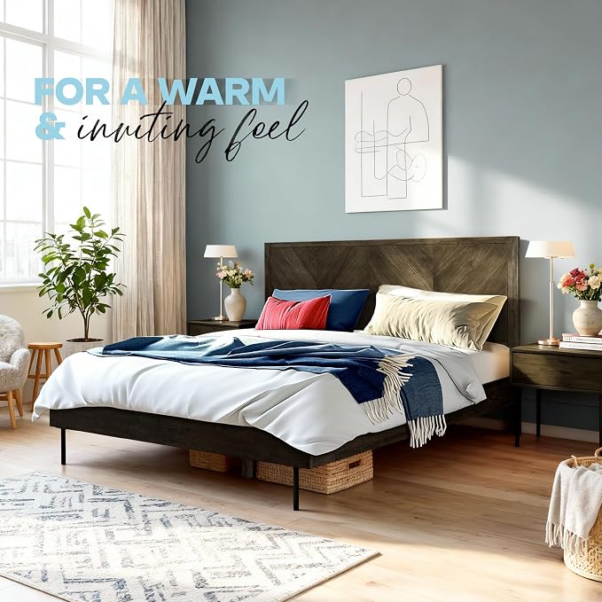 Acacia Alander King Bed Frame and Headboard Solid Wood Platform Bed, Scandinavian Signature Wood Bed Compatible with All Mattress Types, Non-Slip and Noise-Free Bed Frame King, Mocha
