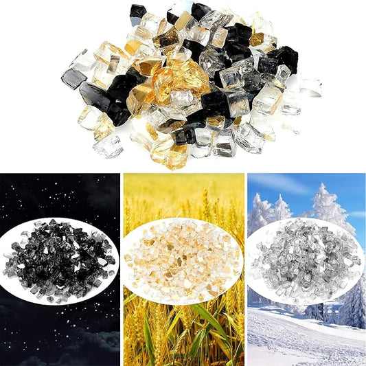 Onlyfire 10 Pounds Blended Reflective Fire Glass for Fire Pit Fireplace and Landscaping, 1/4 Inch Mixed Colored High Luster Fireglass Rocks for Outdoor and Indoor Use - Onyx Black+Platinum+Gold