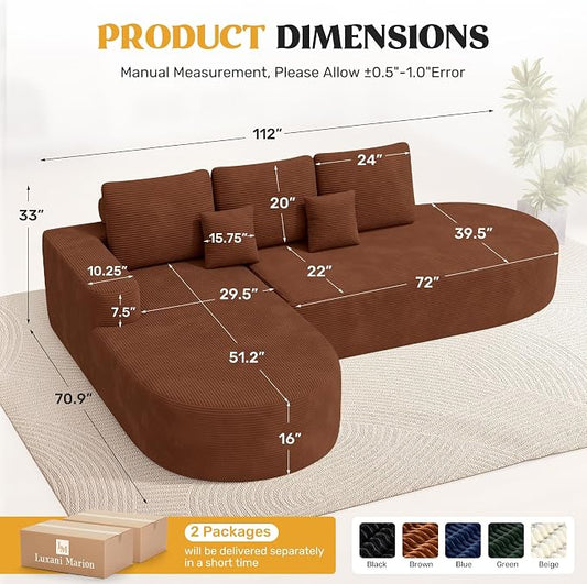 112" Modern Curved Cloud Couch, Corduroy Boneless Couches for Living Room with Deep Seat, Memory Foam Compressed Modular Sectional Sofa, No Assembly Required,Brown 1 PCS