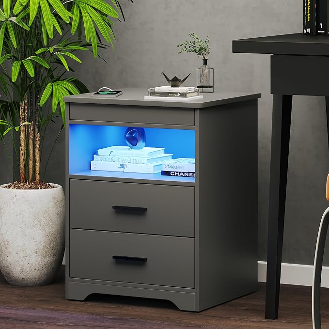 Night Stand Set of 2, Charging Bedside Table with USB & Type-C Port, LED Night Stand with Human Sensor Light, Modern End Table with Gun Drawers for Bedroom Office, Grey