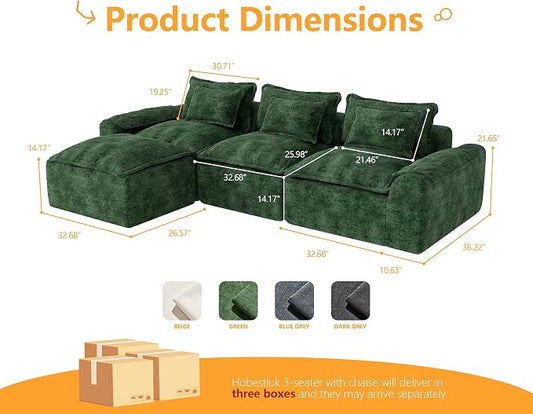 Hobestluk 120" Cloud Modular Sectional Couch 3-Seater Sofa with Ottoman L Shaped Sofa with Removable Cover Large Sofa Couch for Living Room (Green, 3-Seater Sofa with One Ottoman)