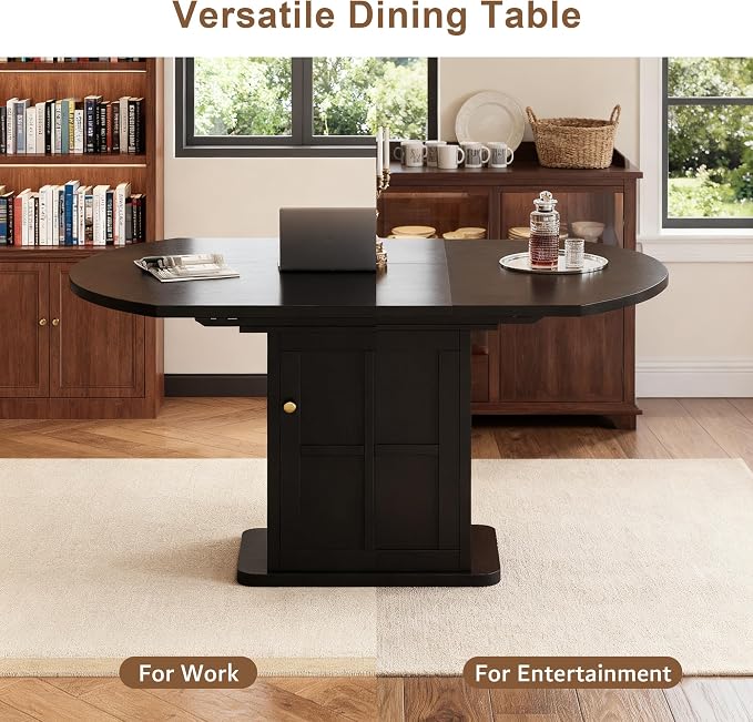 iPormis Round Dining Table for 4-6, 59'' Extendable Dining Room Kitchen Table with 2-Tier Storage Shelf, Wood Dinner Table with Door, Sturdy Pedestal Base, Space Saving, Kitchen, Dining, Black