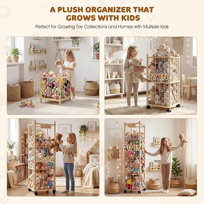 DIY Stuffed Animal Storage Kit, Adjustable 1–4 Tier Stuffed Animal Organizer with Wheels, Large Plushies Storage for Playroom, Bedroom & Nursery, Designed for Growing Toy Collections