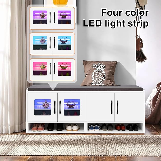 Shoe Bench with Thickened Cushion,Entrance Bench with Glass Door and Ambient Light,Three-Layer Shoe Rack,Color Changing Light Strip, Two Large Storage Spaces,Living Room,Bedroom,White