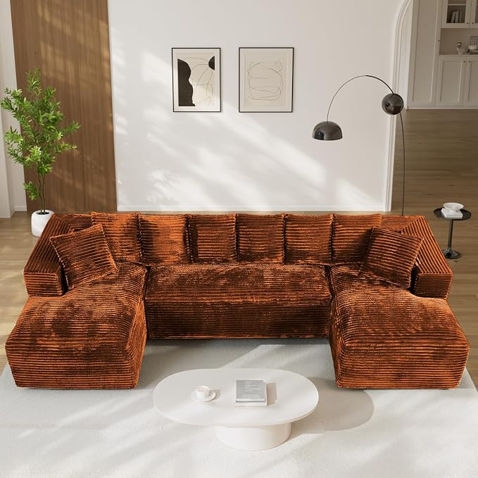 131" Oversized U Shaped Cloud Sectional Couches for Living Room, Comfy Fluffy Corduroy Orange Boneless Sectionals Couch, Plush Memory Foam Modular Sectional Sofa with Chaise- 19" Seat Height
