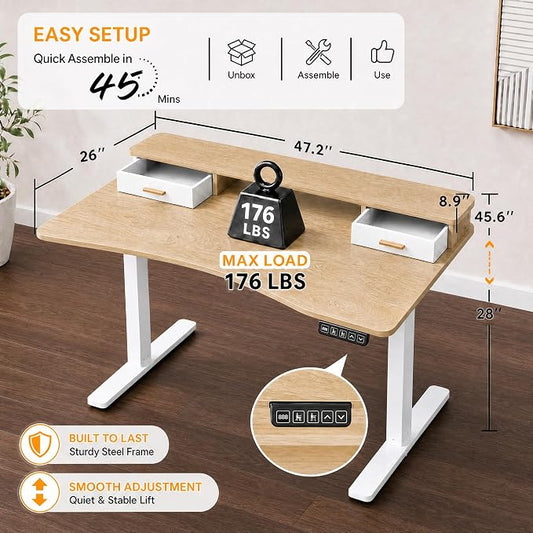 Grandder Electric Standing Desk with Two Drawers, Curved Desktop Sit to Stand Up Height Adjustable Desk with Storage Shelf for Home Office, 47 * 26 Inch, Ergonomic Adjustable Computer Desk, Oak