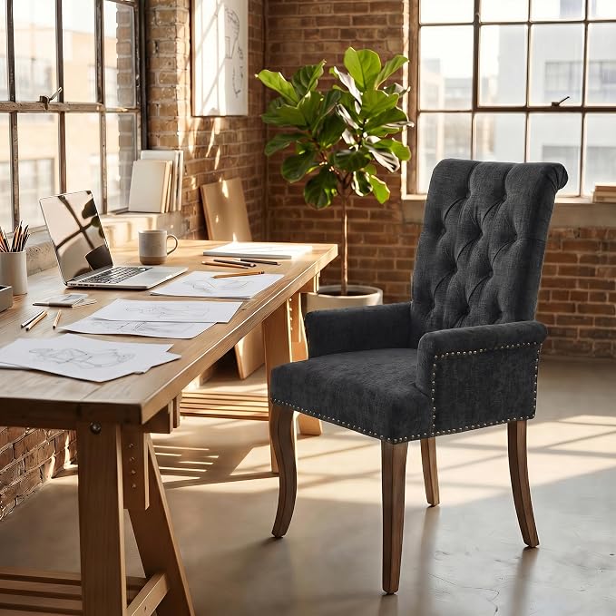 Upholstered Dining Chairs with Arms Set of 6, Black, 6 Pack | Tufted Chenille Kitchen Chairs with Arms, Modern Farmhouse Armchair with Nailhead Trim for Dining Room, Home Office