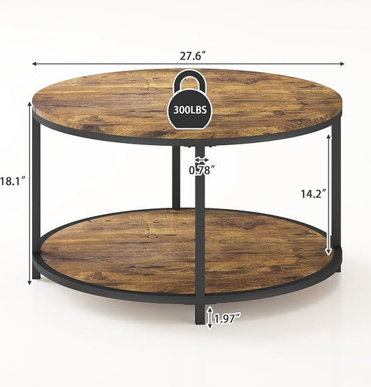 NSdirect Round Coffee Table, 27.6" Small Coffee Table for Living Room,2-Tier Rustic Wood Desktop with Storage Shelf Modern Design Home Furniture(Brown)
