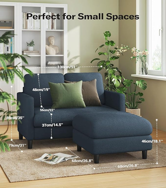 Welzona Loveseat, 51" Small L Shaped Couch, Comfy Teddy Love Seat with Ottoman Set, Tool-Free Setup Loveseat Sofa with Ottoman, All-Wood Small Sofa Couch for Bedroom, Couch for Living Room, Blue Grey