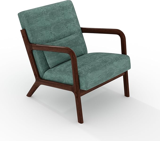 Garvee Mid-Century Modern Accent Chair, Chenille Upholstery, Solid Wood Armchair with Removable Lumbar Pillow, Sturdy Reading Chair for Living Room, Bedroom, Guest Room, Easy Assembly, Green
