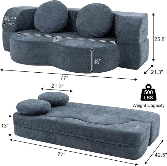 Vongrasig 77” Convertible Sofa Bed, Folding Boneless Couch, Floor Sofa 2-in-1 Curved Couch for Small Living Room, Apartment, Guest Room, Blue