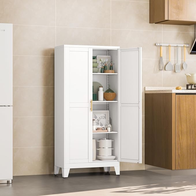 White Metal Storage Cabinet, 48" Steel Cabinets for Home Office | Kitchen Pantry Storage Cabinet with Doors and 3 Adjustable Shelves, for Office, Home, Garage, School