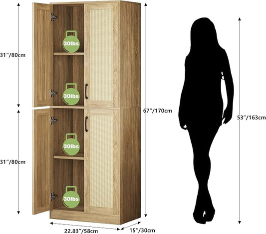 JASIWAY Rattan Pantry Cabinet, 67" Tall Kitchen Storage Cabinet with Doors | Adjustable Shelves, Wicker Linen Closet Cupboard for Laundry, Bathroom, Wood