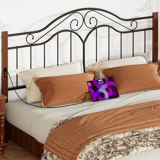 Headboard for King Size Bed Frame with Charging Station USB & Type C Ports | Vintage Platform Bed Headboard Only,Adjustable,Iron Legs,Easy Assembly,Black