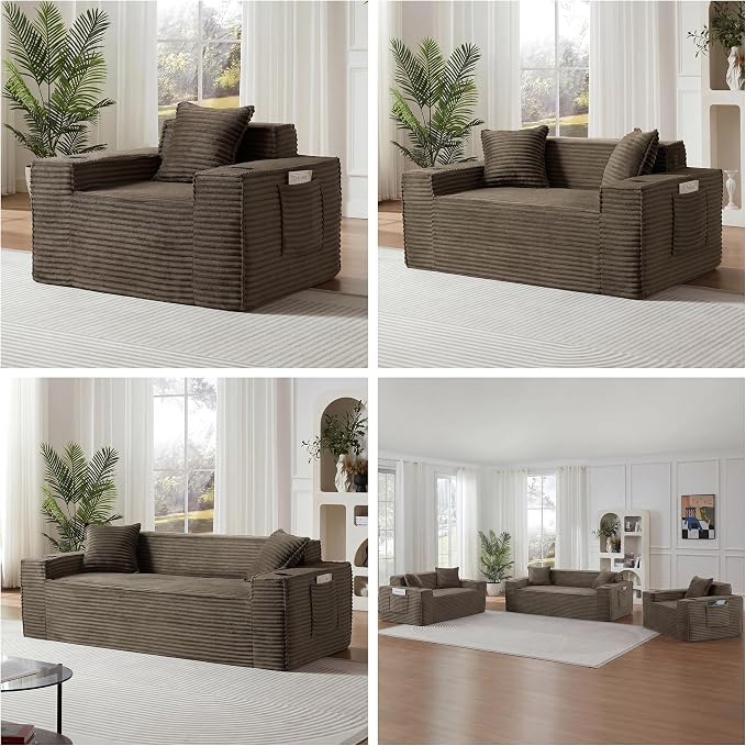 Boneless Sectional Sofa Couch with Cup Holders & Side Pockets, Modern Corduroy Fabric Deep Seat 3-seat Cloud Couch for Living Room Office, No Assembly (Brown)