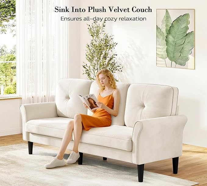 Loveseat Sofa, 83" Love Seat Couches, Comfy Velvet Small Couch for Bedroom, Tool-Free Setup Small Couches for Living Room, Modern Sofas for Living Room, 750lbs Load Sofas & Couches, White Couch