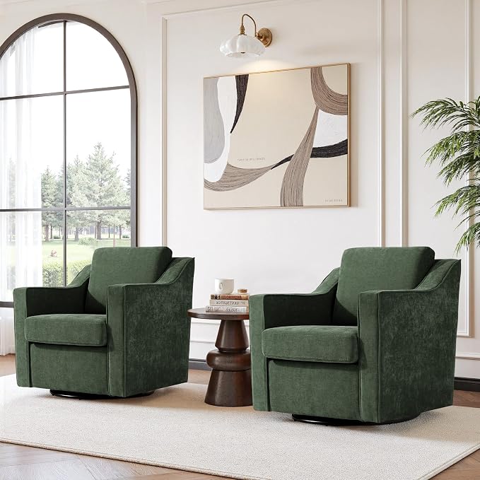 Swivel Accent Chair, Modern Round Barrel Arm Chair for Living Room, Bedroom, Comfy Club Reading Chairs for Adults (Chenille Green, Set of 1)