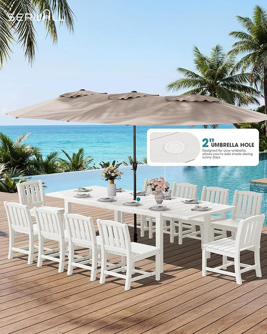 SERWALL Outdoor Patio Dining Set for 6, White | 60" - 83" Expandable Outdoor Dining Table and 6 HDPE Chairs, All Weather Material Outdoor Furniture Set Backyard, Garden