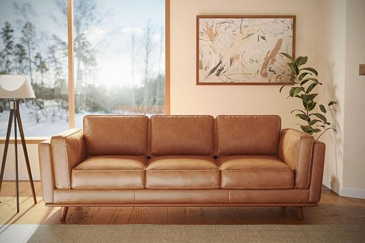 Valencia Artisan Full Leather Sofa 88” - Pure Full Italian Nappa Leather Couch, Solid Wood Accent, Ultimate Comfort, Cognac Tan