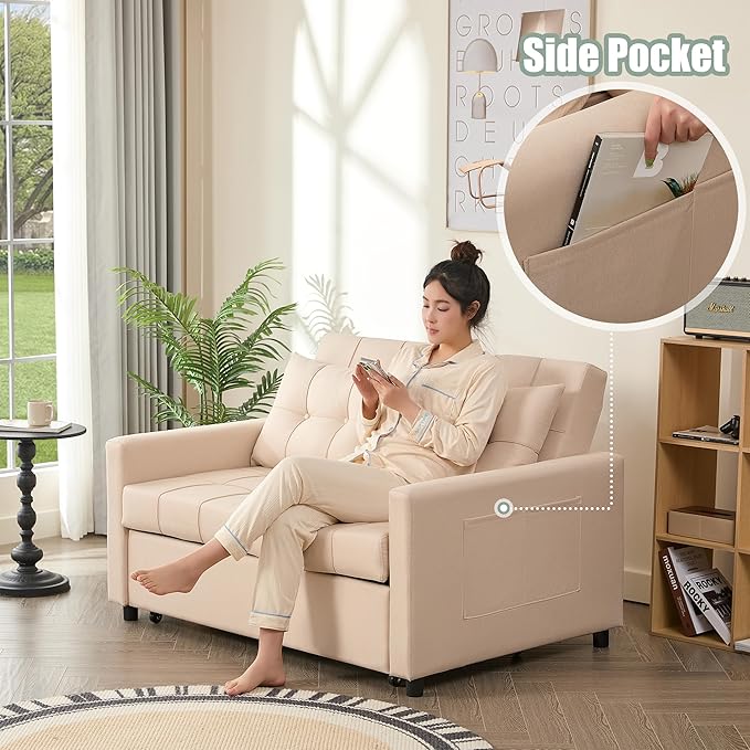 GOSUHI 52" Sleeper Sofa with Pull-Out Bed, 3-in-1 Convertible Sofa Bed, Set of Loveseat with Stepless Adjustable Backrest and Side Pocket, for Living Room Dorm Apartment, Linen, Beige
