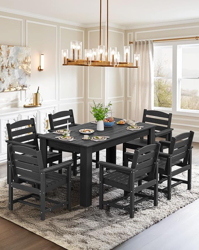 SERWALL HDPE Dining Set for 8: 2 Umbrella Hole Tables + 8 Chairs. for Garden, Backyard, Poolside. Black