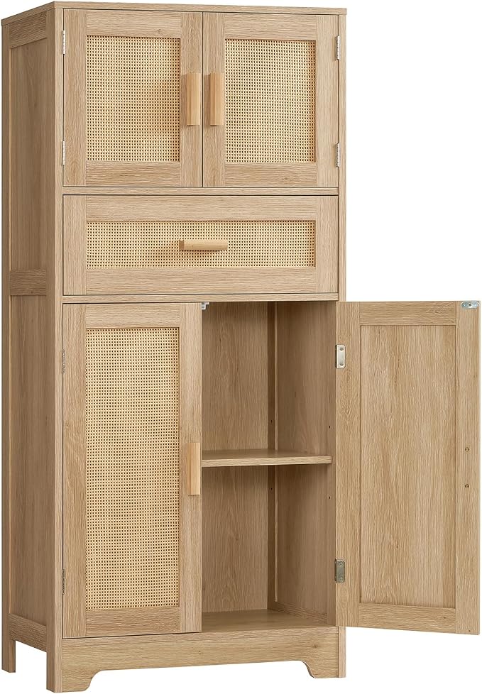 TEENFON 47.2" H Tall Storage Cabinet with Adjustable Shelf, Rattan Cabinet, Cupboard for Living Room, Dining Room, Entryway, Home Office, Natural