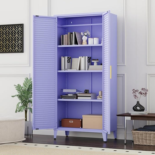 61 "H Purple Metal Cutlery Cabinet with Door Freestanding Kitchen Cabinet with 3 Adjustable Shelf Side Panels, Suitable for Kitchen, Living Room, Dining Room Metal Cabinet,Requires Assembly 