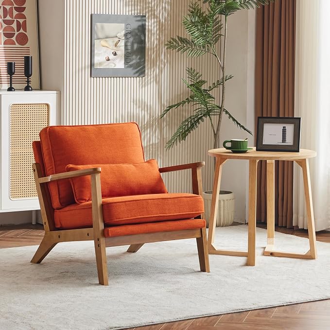 Vingli Solid Wood Wide Armrests Accent Chair Set of 2,Upholstered Mid Century Modern Chair with Pillow,Farmhouse Arm Chair Comfy Reading Chair,Chairs Living Room,Bedroom,Guest Room,Linen Fabric,Orange