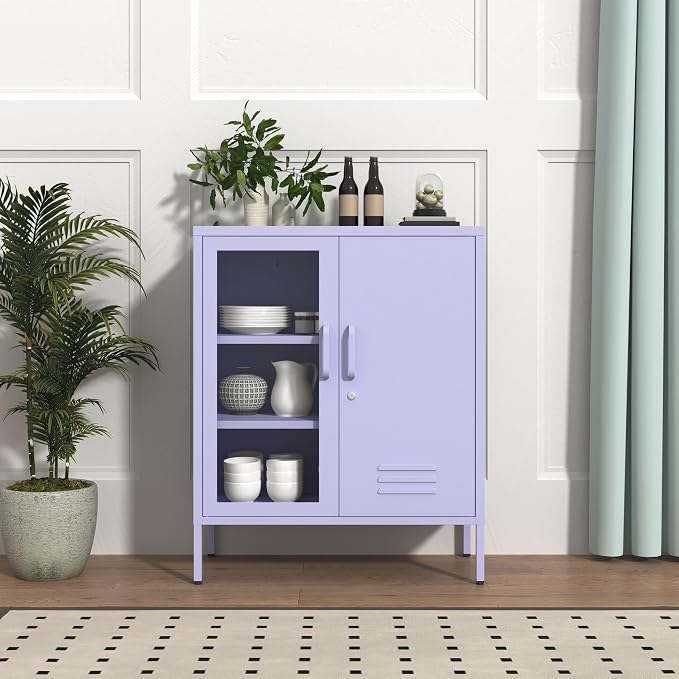 33" Tall Lockable Metal Storage Cabinet with Adjustable Shelves,2 Door Home Freestanding Locker Metal Pantry Cabinet for Living Room,Office,Dining Room,Purple Size: 33" H x 29.5" W x 13.8" D
