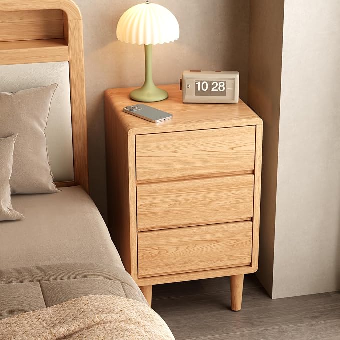 Tall Nightstand Natural Night Stand with 3 Drawers Mid Century Modern Nightstand with Storage,Solid Wood Night Stand,Small Bedside Table for Bedroom,Living Room,Office,Natural Bedside Table