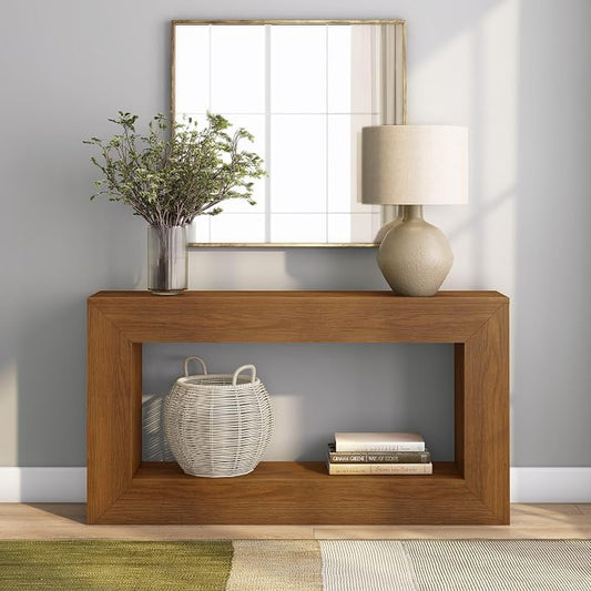 Plank+Beam Grande 56” Console Table with Bottom Shelf, Solid Pine Wood Entryway & Sofa Table, Pecan Wirebrush Finish