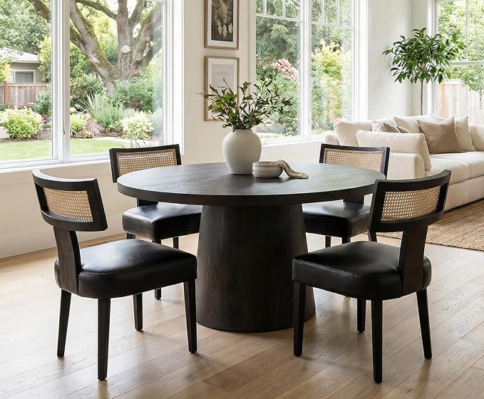 RIVOVA Rattan Dining Chairs Set of 6, Mid-Century Modern Dining Chairs, Kitchen Dining Room Chairs, Curved Cane Back Upholstered PU Leather Dining Chair with Black Wood Frame, Black