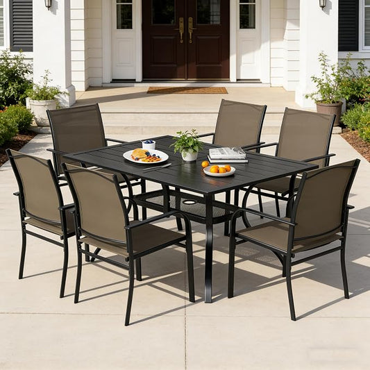 SUNCROWN 7 - Piece Outdoor Dining Set, Patio Furniture Set with 6 x Textilene Dinning Chairs and 1 Steel Slat Metal Bistro Table for Lawn Garden Backyard Deck, Brown
