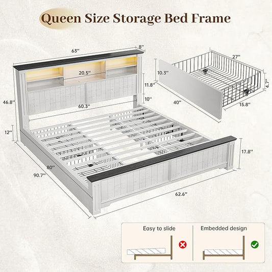 EnHomee Queen Bed Frame with Headboard, and 4 Storage Drawers, LED Lights & Charging Ports,No Box Spring Needed for Apartment,Noise-Free,Wooden, White