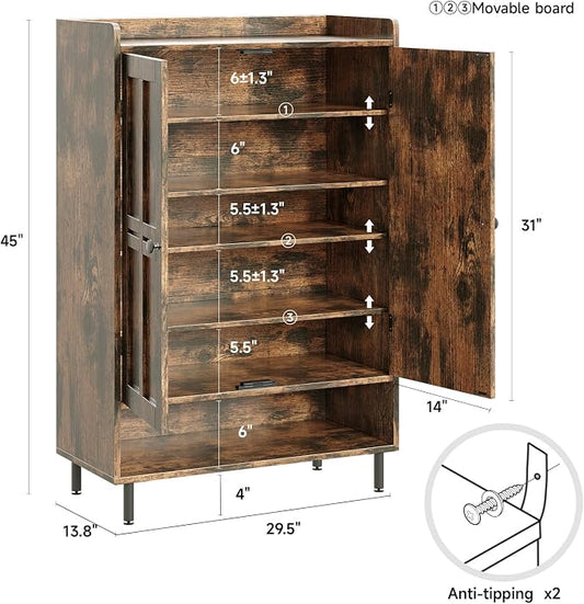 ComfyCorner Brown 7+1 Tier Farmhouse Shoe Storage Cabinet - 45" Tall Entryway Organizer with Cross Molding Doors, 3 Adjustable Shelves & Metal Legs, Shoe Rack for Front Door Entrance
