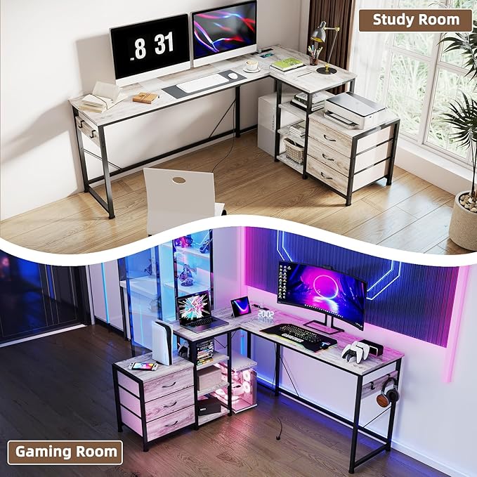 YOSHOOT 55" L Shaped Computer Desk with 3 Fabric Drawers, Gaming Desk | Office Desk with Power Outlets & Open Shelves, Corner Desk L Shape for Home Office Work Study, Grey