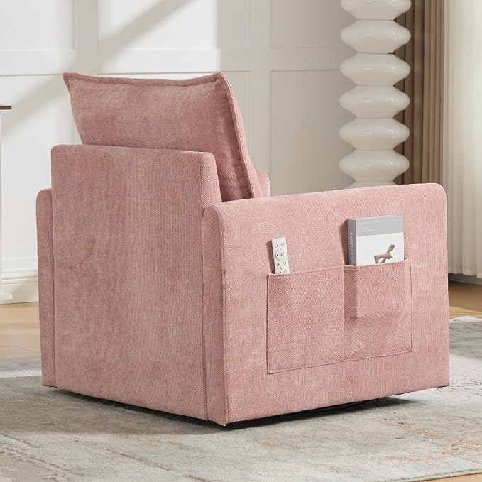 Swivel Accent Chair, Modern Swivel Barrel Chair for Living Room, 360 Degree Comfy Square Accent Barrel Chair, Upholstered Sofa Armchair for Bedroom,Reading, Chenille, Pink
