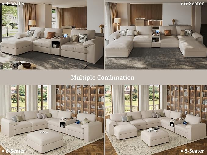 EASE MOOSE Oversized Corner Modular Sectional Sofa with Ottoman and Console, Faux Leather Sectional Sofa with Deep Seat, Scratch Resistant Faux Leather Material, Extra Large L Shaped Couch, Beige