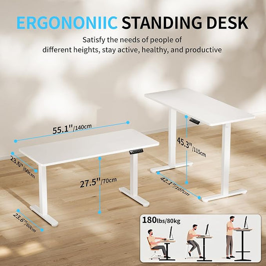 BIZUM Electric Standing Desk, 55x24 inches Height Adjustable Desk, Sit to Stand Desks Memory Gaming Computer Workstation for Home Office, White