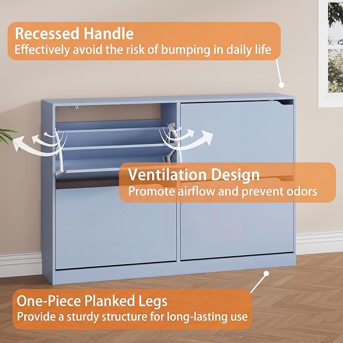 Shoe Storage Cabinet, Wood Shoe Organizer for Entryway with 3 Flip Drawers, Freestanding Shoe Rack with Adjustable Shelf, Narrow Shoe Dresser for Front Door Entrance (Blue, Standard 4 Drawers)