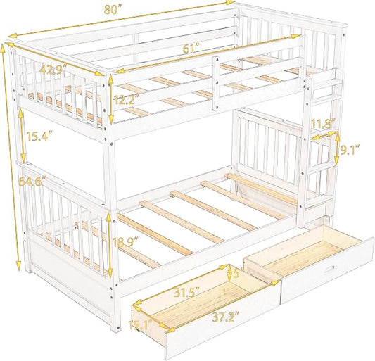 Merax Twin-Over-Twin Bunk Bed with Two Storage Drawers, Solid Wood Twin Size Bunk Bed with Guardrial and Removble Ladder, Can be Converted Into 2 Separate Beds, Grey
