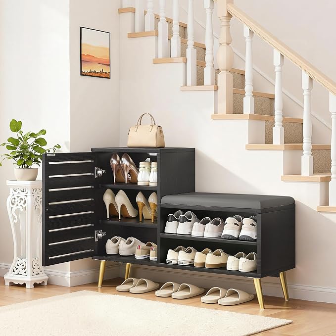VECELO Shoe Storage Bench with Door&Shelf, Entryway Bench with Seat Cushion, for Hallway, Bedroom, Living Room, L-Shaped, Black
